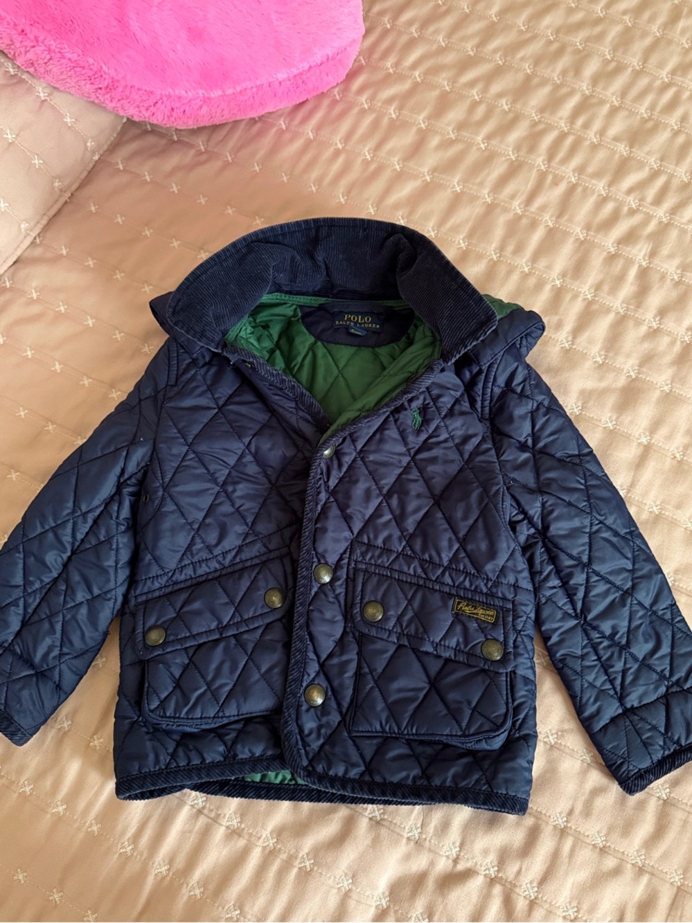 Polo by Ralph Lauren Navy Quilted Kids Puffer Jacket with Green Lining